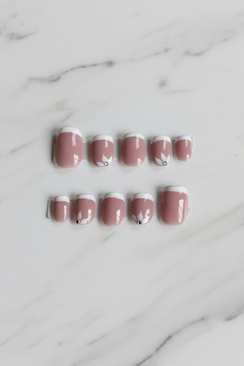 French tip floral press on nails