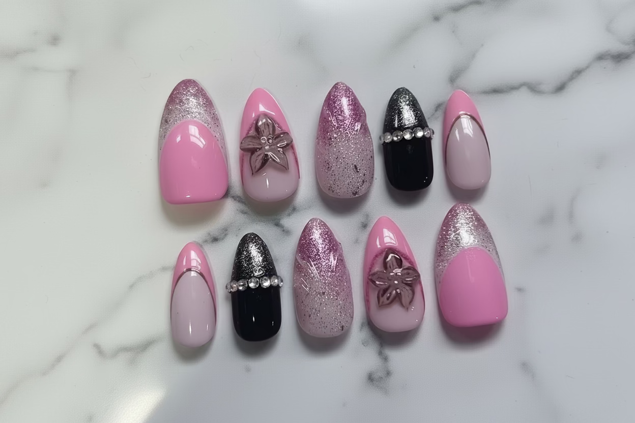 Pink floral press on nails