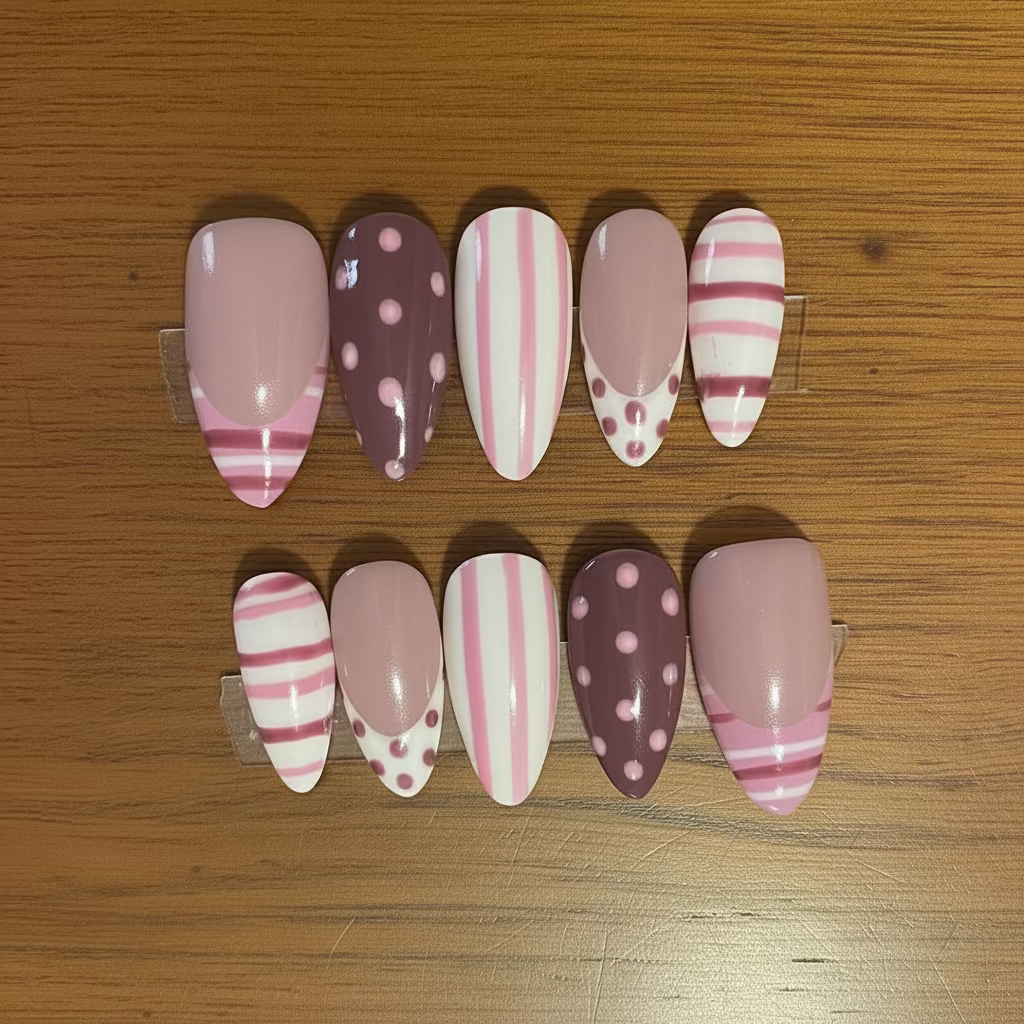 Pink and white striped press on nails